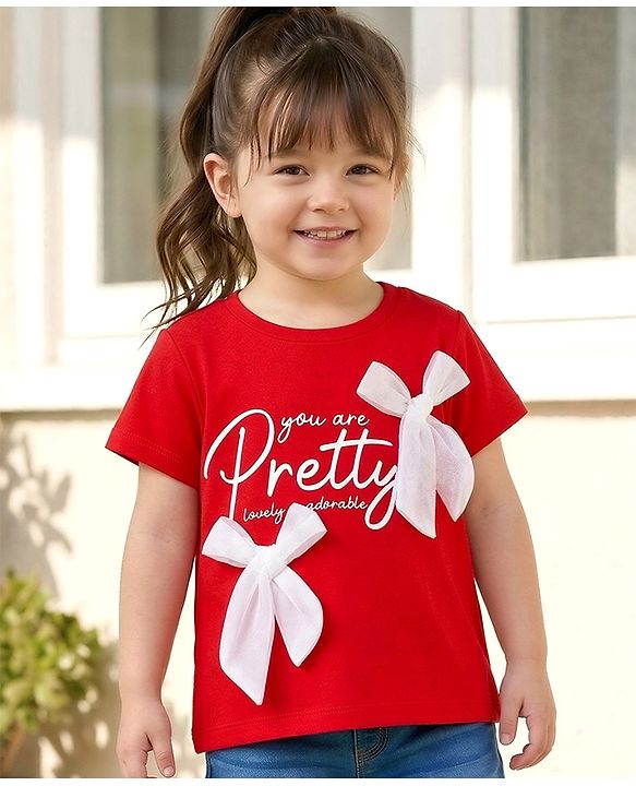 Babyhug 100% Cotton Knit Half Sleeves T-Shirt with Text Print & Bow Applique - Red