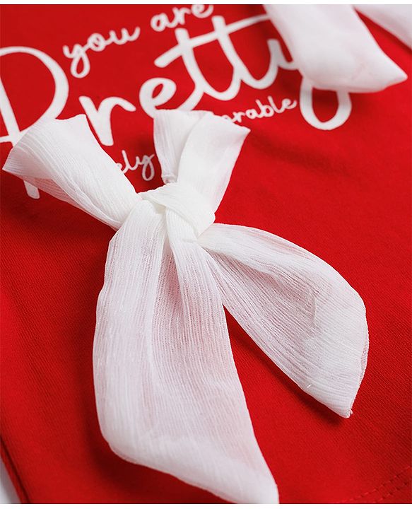 Babyhug 100% Cotton Knit Half Sleeves T-Shirt with Text Print & Bow Applique - Red