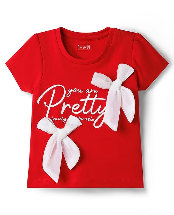 Babyhug Cotton Knit Half Sleeves T-Shirt with Text Print & Bow Applique - Red