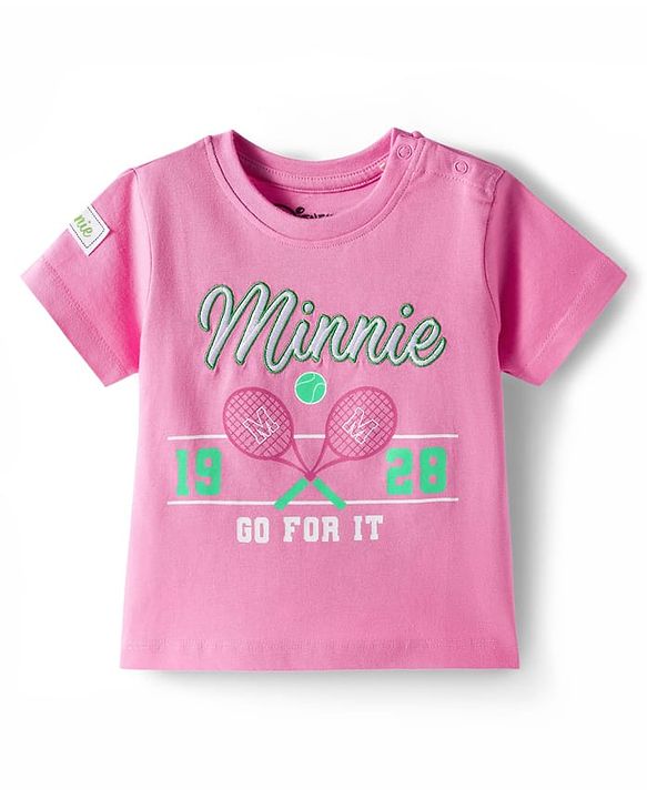 Babyhug Disney 100% Cotton Knit Half Sleeves Top & Skirt Set With Minnie Mouse Graphics & Embroidery - Pink