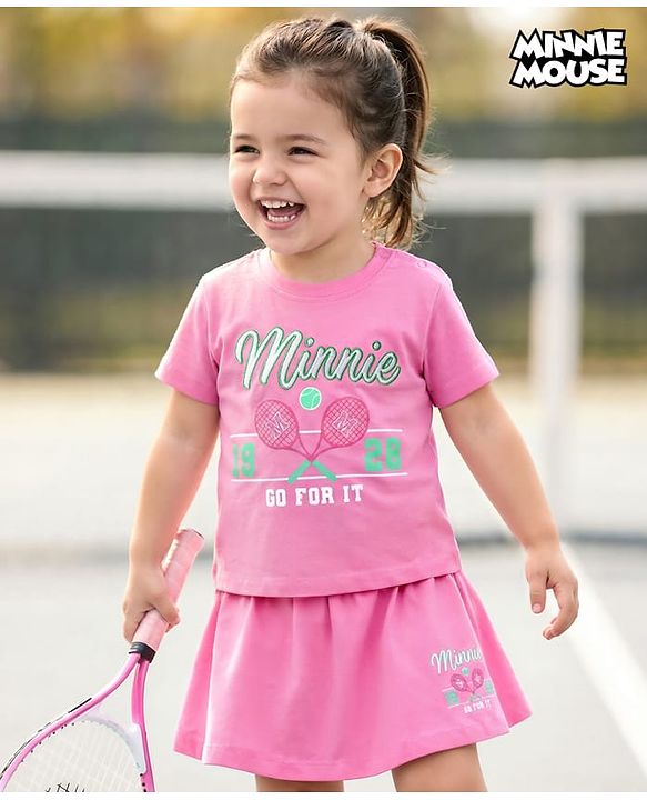 Babyhug Disney 100% Cotton Knit Half Sleeves Top & Skirt Set With Minnie Mouse Graphics & Embroidery - Pink