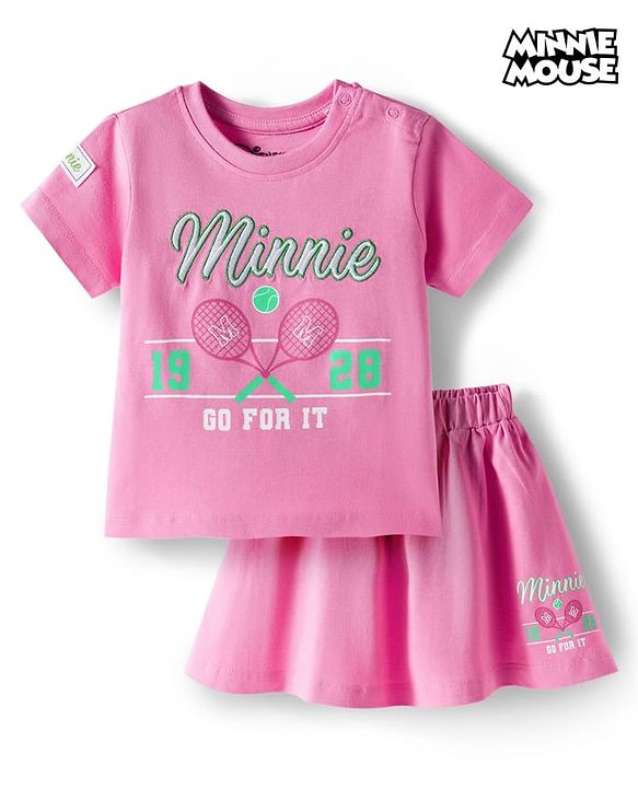 Babyhug Disney 100% Cotton Knit Half Sleeves Top & Skirt Set With Minnie Mouse Graphics & Embroidery - Pink