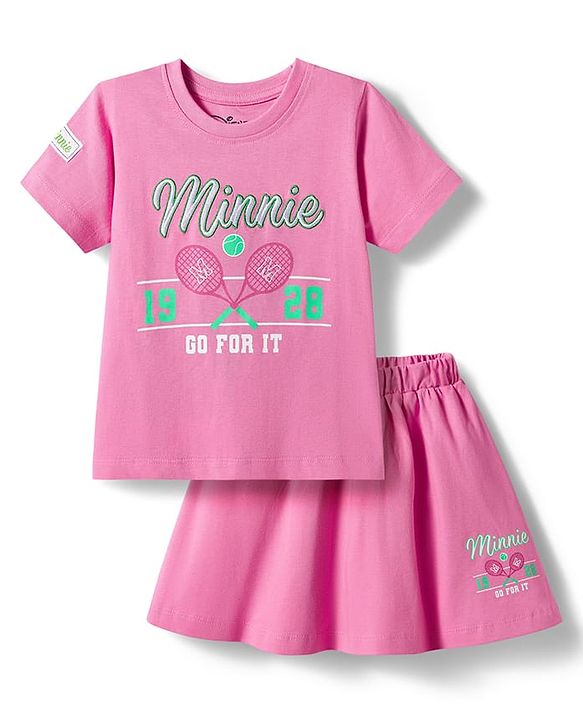 Babyhug Disney 100% Cotton Knit Half Sleeves Top & Skirt Set With Minnie Mouse Graphics & Embroidery - Pink