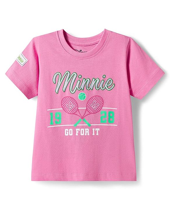 Babyhug Disney 100% Cotton Knit Half Sleeves Top & Skirt Set With Minnie Mouse Graphics & Embroidery - Pink