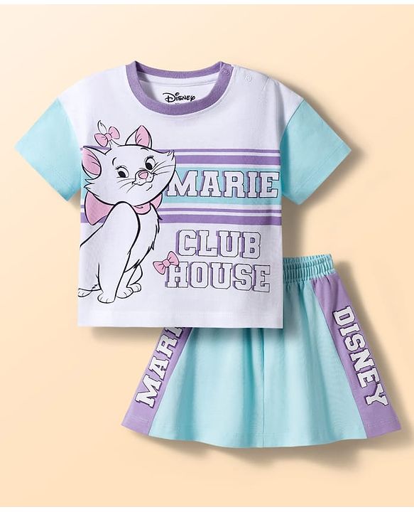 Babyhug Disney Single Jersey Knit Half Sleeves T-Shirt & Skirt Set with Marie Graphic - Multicolor