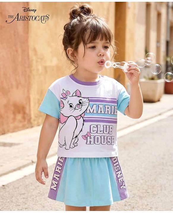 Babyhug Disney Single Jersey Knit Half Sleeves T-Shirt & Skirt Set with Marie Graphic - Multicolor
