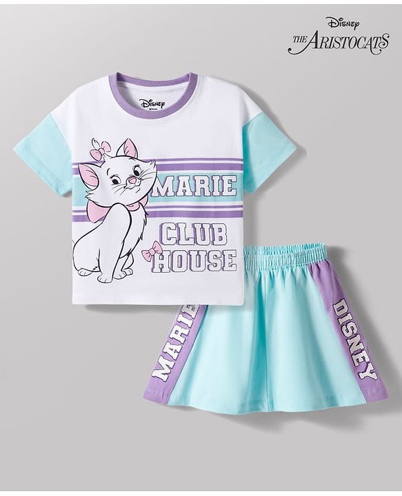 Babyhug Disney Single Jersey Knit Half Sleeves T-Shirt & Skirt Set with Marie Graphic - Multicolor