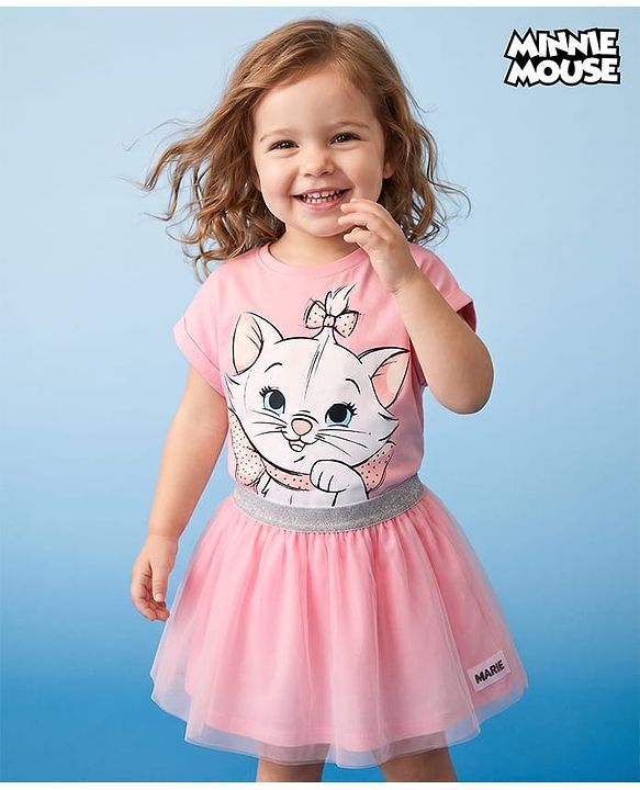 BABYHUG DISNEY Single Jersey Knit Half Sleeves Top & Skirt With Marie Graphic - Pink