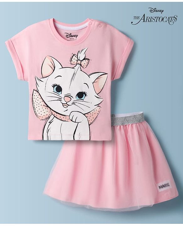 BABYHUG DISNEY Single Jersey Knit Half Sleeves Top & Skirt With Marie Graphic - Pink