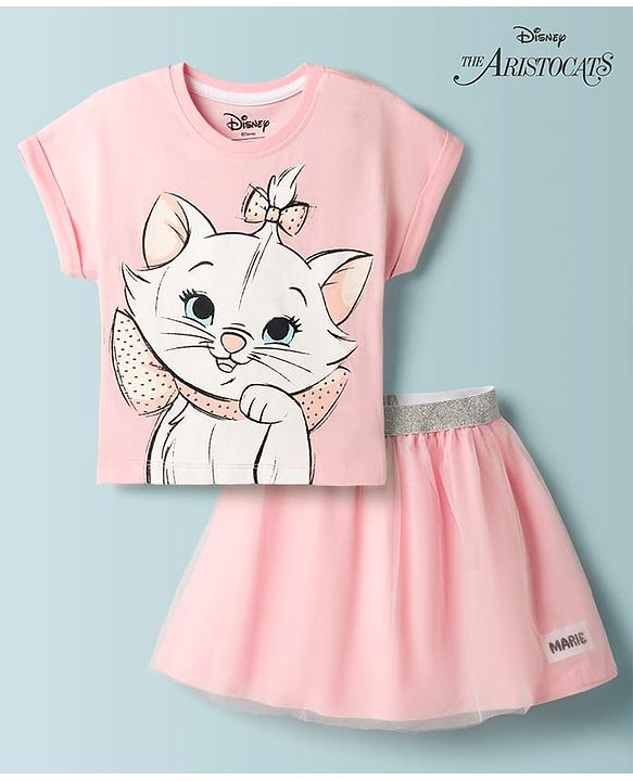 BABYHUG DISNEY Single Jersey Knit Half Sleeves Top & Skirt With Marie Graphic - Pink
