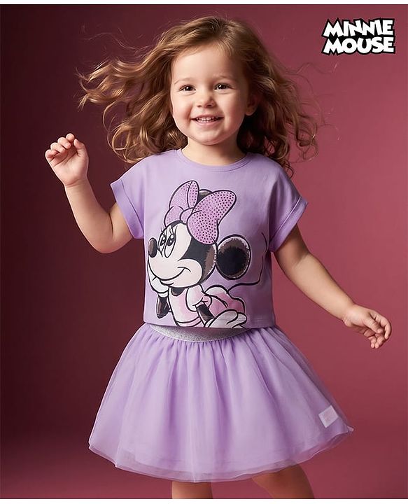 Babyhug Disney Single Jersey Knit Half Sleeve Top & Skirt With Minnie Mouse Graphics - Lavender