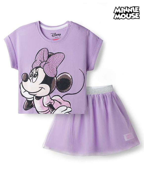 Babyhug Disney Single Jersey Knit Half Sleeve Top & Skirt With Minnie Mouse Graphics - Lavender