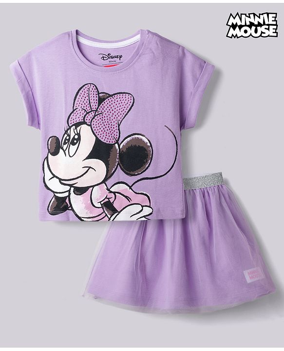 Babyhug Disney Single Jersey Knit Half Sleeve Top & Skirt With Minnie Mouse Graphics - Lavender