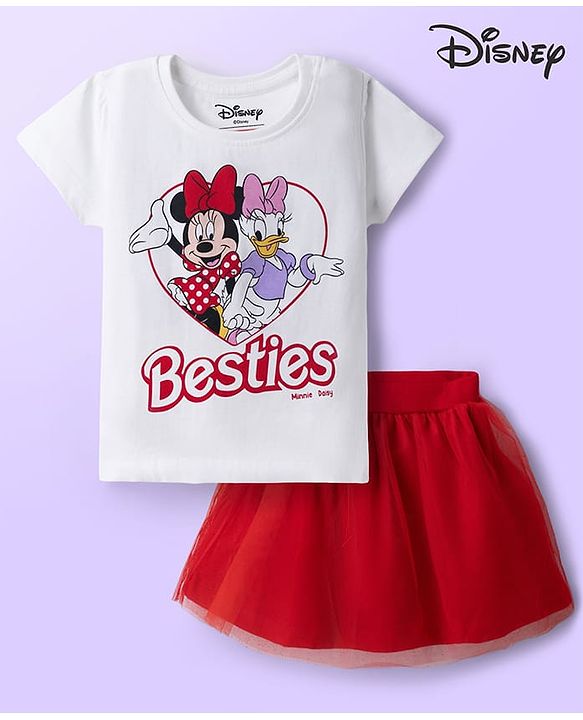Babyhug Disney Single Jersey Knit Half Sleeves Minnie & Daisy Printed Top & Skirts Set - White & Red