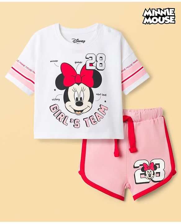 Babyhug Disney Single Jersey Knit Drop Shoulder Half Sleeves T-Shirt & Shorts Set with Minnie Mouse Graphic - Multicolor