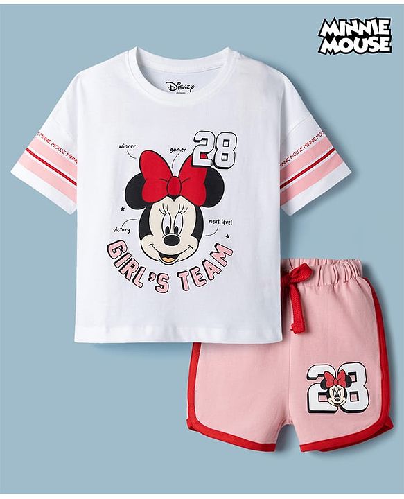 Babyhug Disney Single Jersey Knit Drop Shoulder Half Sleeves T-Shirt & Shorts Set with Minnie Mouse Graphic - Multicolor