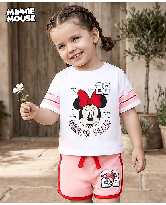 Babyhug Disney Single Jersey Knit Drop Shoulder Half Sleeves T-Shirt & Shorts Set with Minnie Mouse Graphic - Multicolor