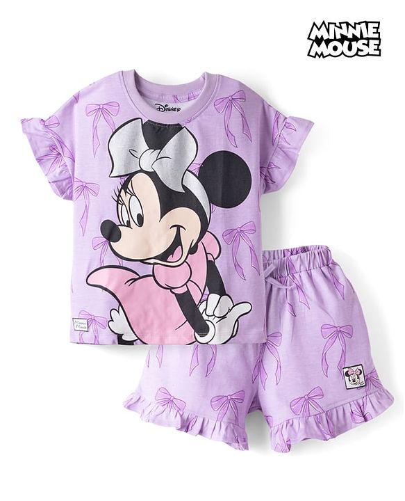 Babyhug Disney Single Jersey Knit Half Sleeves T-Shirt & Shorts Set with Minnie Mouse Graphics - Lavender