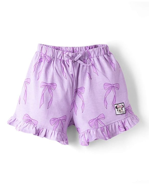 Babyhug Disney Single Jersey Knit Half Sleeves T-Shirt & Shorts Set with Minnie Mouse Graphics - Lavender