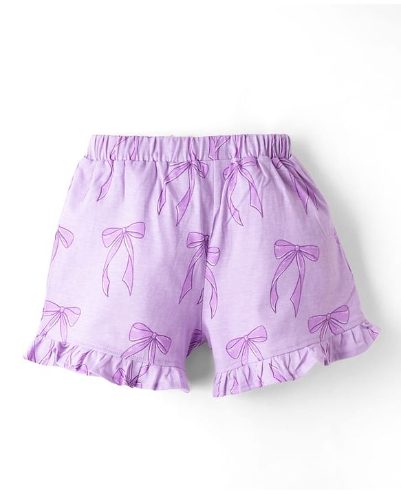 Babyhug Disney Single Jersey Knit Half Sleeves T-Shirt & Shorts Set with Minnie Mouse Graphics - Lavender