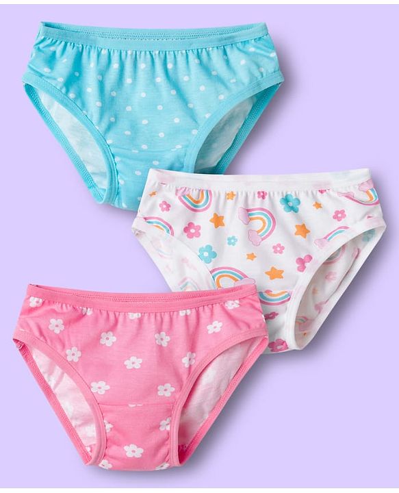 Babyhug 100% Cotton Knit Panties With Floral Polka Dots & Rainbow Print Pack Of 3 - Multicolour