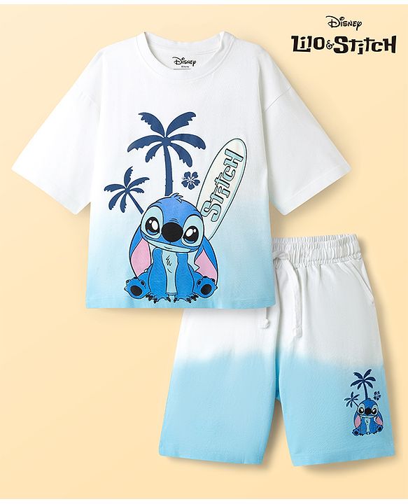 Pine Kids Disney Single Jersey Knit Half Sleeves T-Shirt & Shorts Set With Stitch Graphics - Multicolor