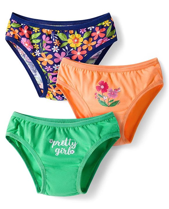 Babyhug 100% Cotton Knit Panties with Floral Print Pack of 3 - Green, Blue & Orange