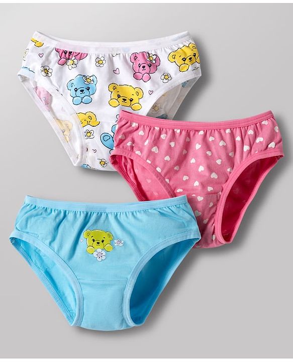 Babyhug 100% Cotton Knit Panties with Heart & Bear Print  Pack of 3 - Blue Pink & White