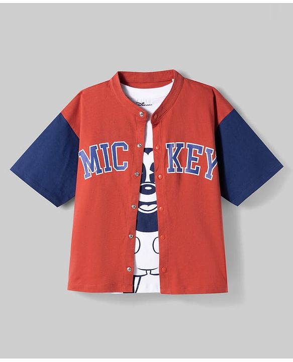 Pine Kids Disney Single Jersey Knit Half Sleeves Shirt T-Shirt & Shorts Set with Mickey Mouse Graphics - Multicolor