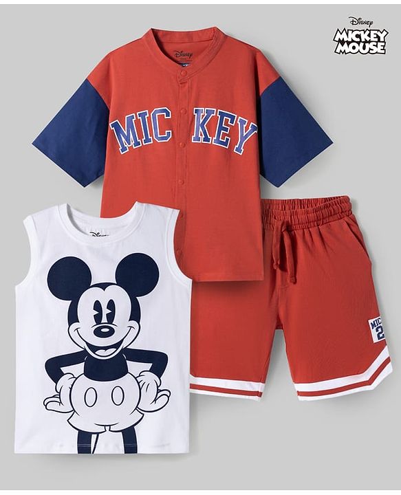 Pine Kids Disney Single Jersey Knit Half Sleeves Shirt T-Shirt & Shorts Set with Mickey Mouse Graphics - Multicolor