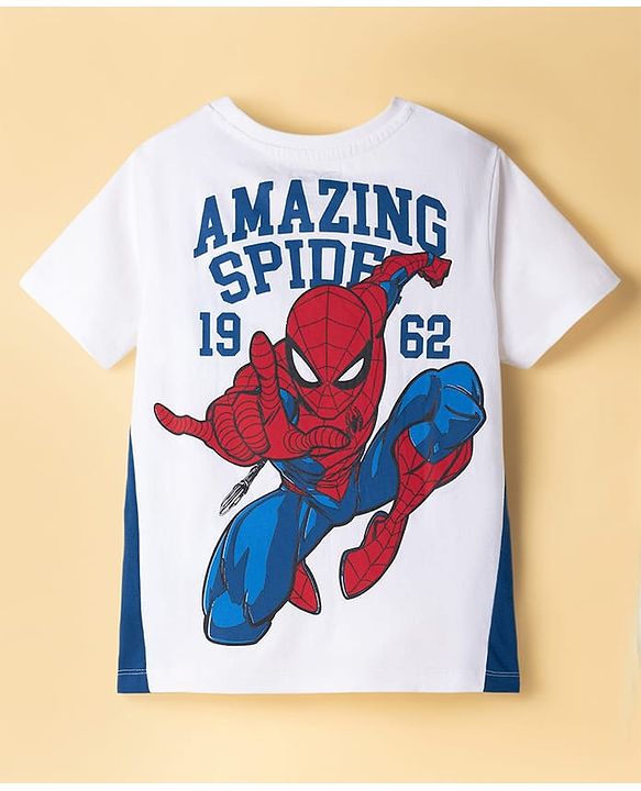 Pine Kids Marvel Single Jersey Knit Half Sleeves T-Shirt & Shorts Set with Spiderman Graphics - White & Blue