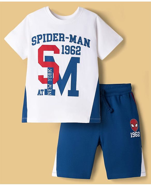Pine Kids Marvel Single Jersey Knit Half Sleeves T-Shirt & Shorts Set with Spiderman Graphics - White & Blue