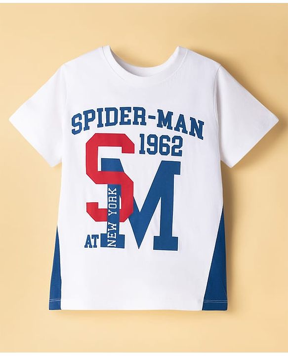 Pine Kids Marvel Single Jersey Knit Half Sleeves T-Shirt & Shorts Set with Spiderman Graphics - White & Blue