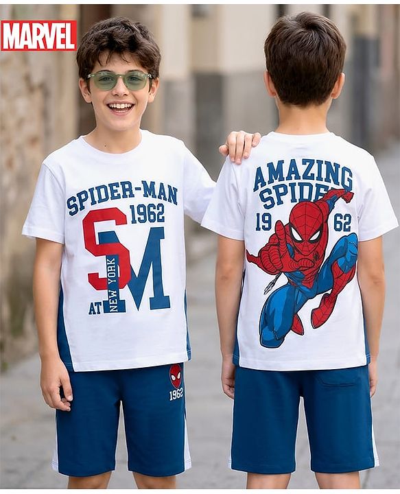 Pine Kids Marvel Single Jersey Knit Half Sleeves T-Shirt & Shorts Set with Spiderman Graphics - White & Blue