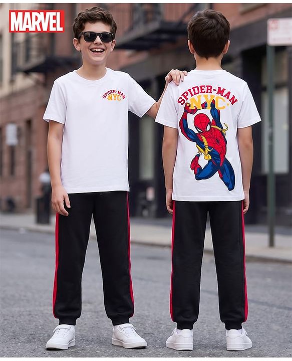 Pine Kids Marvel Single Jersey Knit Half Sleeves T-Shirt & Lounge Pant Set With Spider-Man Graphics - Multicolor