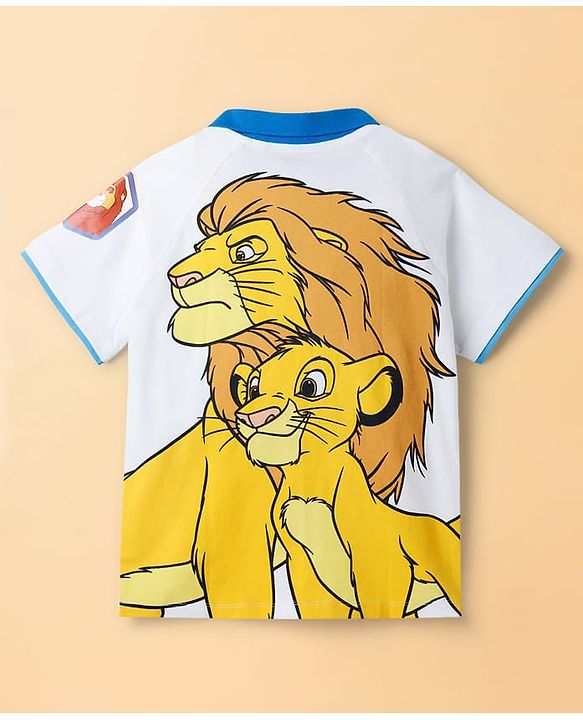 Pine Kids Disney Single Jersey Knit Raglan Half Sleeves Polo T-Shirt with Lion King Graphics - White & Blue