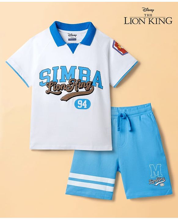 Pine Kids Disney Single Jersey Knit Raglan Half Sleeves Polo T-Shirt with Lion King Graphics - White & Blue