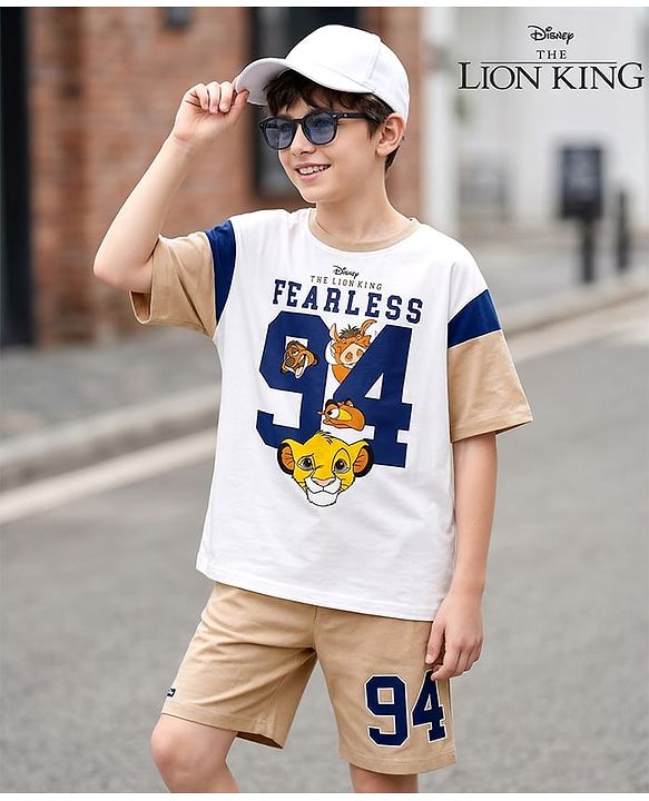 Pine Kids Disney Single Jersey Knit Drop Shoulder Half Sleeves T-Shirt & Shorts Set with Lion King Graphics - White & Beige