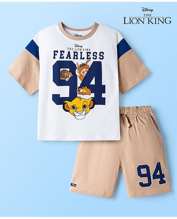 Pine Kids Disney Single Jersey Knit Drop Shoulder Half Sleeves T-Shirt & Shorts Set with Lion King Graphics - White & Beige