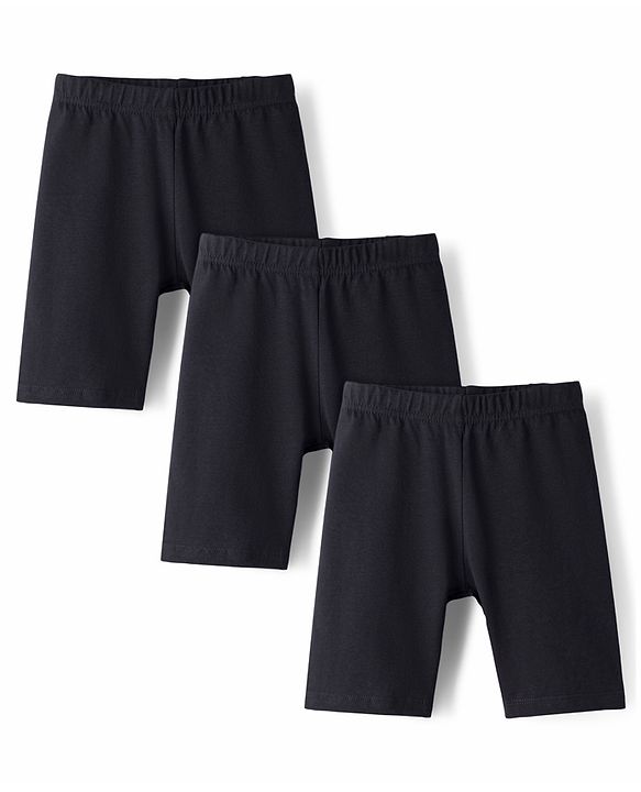 Babyhug Cotton Lycra Knit Mid Thigh Length Cycling Shorts Solid Colour Pack of 3 - Black