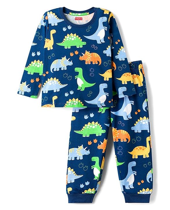 Babyhug Cotton Knit Full Sleeves T-Shirt & Pyjama Co-ord Night Suit With Dino Print - Navy Blue