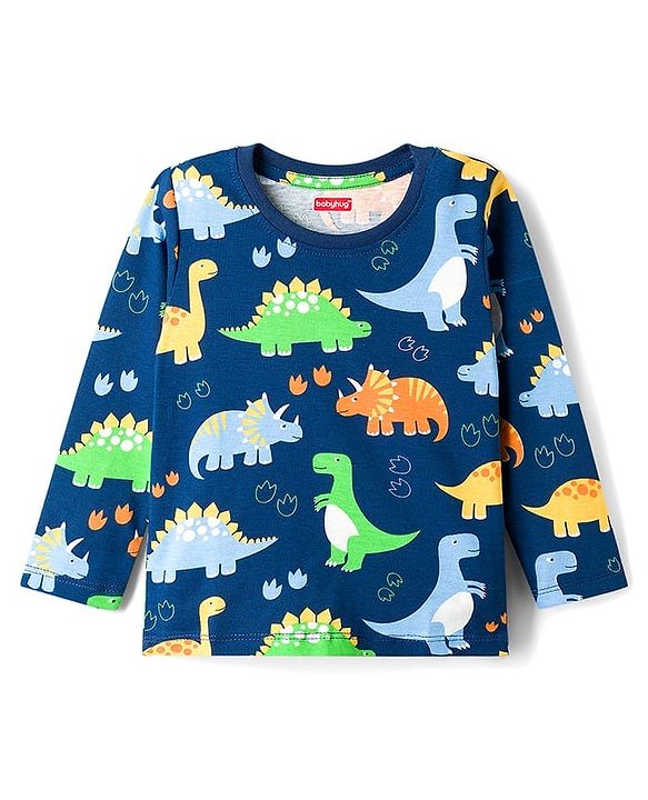 Babyhug Cotton Knit Full Sleeves T-Shirt & Pyjama Co-ord Night Suit With Dino Print - Navy Blue