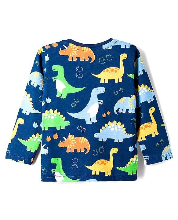 Babyhug Cotton Knit Full Sleeves T-Shirt & Pyjama Co-ord Night Suit With Dino Print - Navy Blue