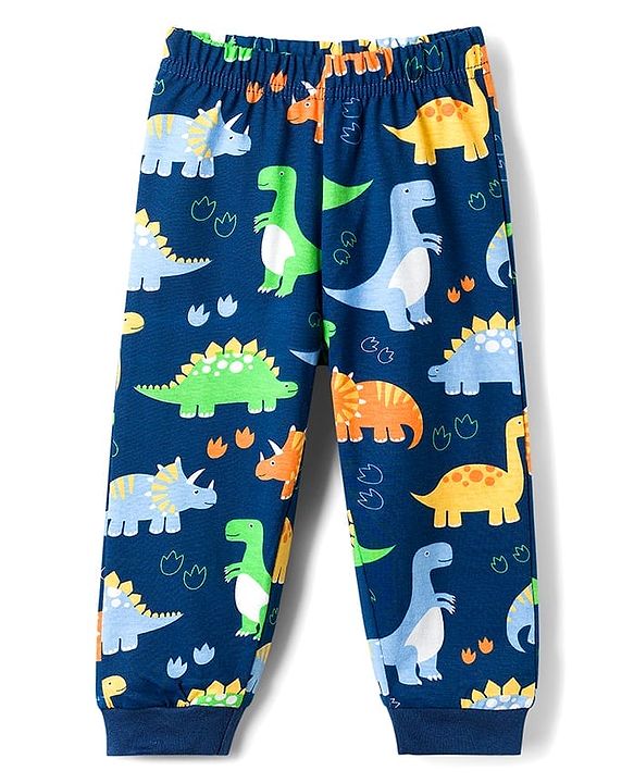 Babyhug Cotton Knit Full Sleeves T-Shirt & Pyjama Co-ord Night Suit With Dino Print - Navy Blue
