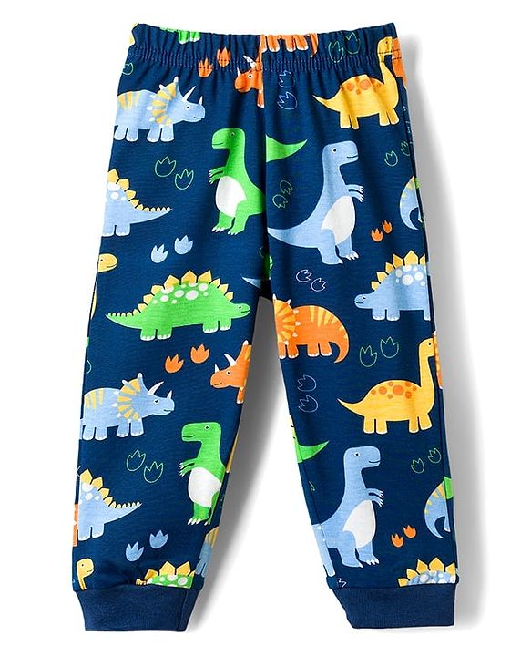 Babyhug Cotton Knit Full Sleeves T-Shirt & Pyjama Co-ord Night Suit With Dino Print - Navy Blue
