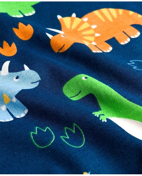 Babyhug Cotton Knit Full Sleeves T-Shirt & Pyjama Co-ord Night Suit With Dino Print - Navy Blue