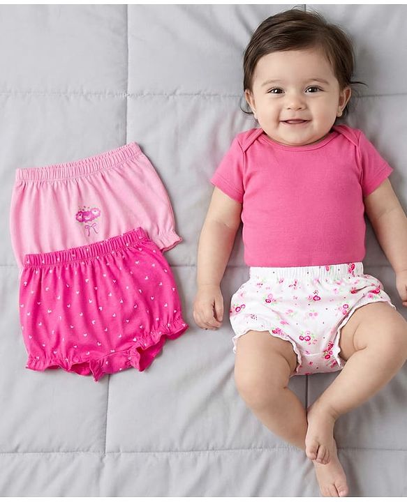 Babyhug 100% Cotton Knit Bloomers with Floral & Heart Print Pack of 3 - Pink & White