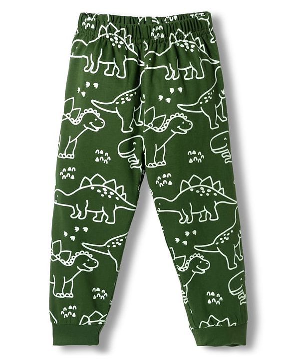 Babyhug Cotton Knit Full Sleeves T-Shirt & Pyjama Co-ord Glow in Dark Night Suit With Dino Print - Green