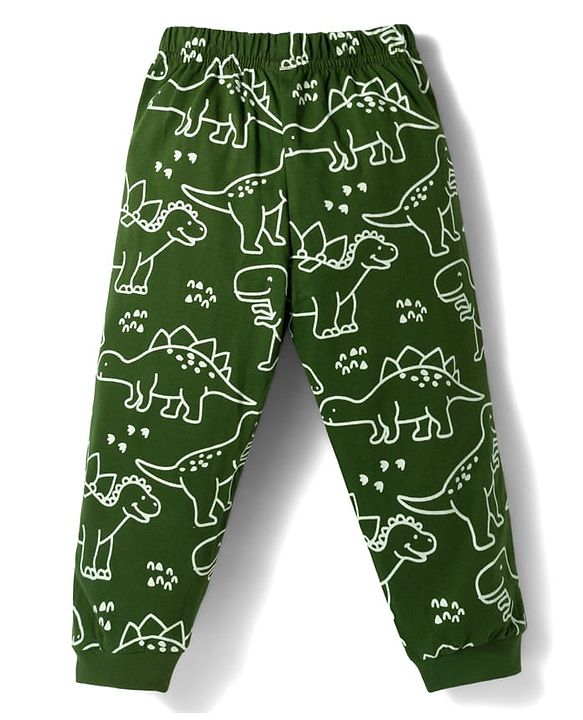 Babyhug Cotton Knit Full Sleeves T-Shirt & Pyjama Co-ord Glow in Dark Night Suit With Dino Print - Green