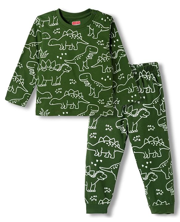 Babyhug Cotton Knit Full Sleeves T-Shirt & Pyjama Co-ord Glow in Dark Night Suit With Dino Print - Green
